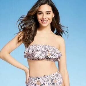 New  Kona Sol bandeau ruffle bikini cream paisley bikini top M (8-10)